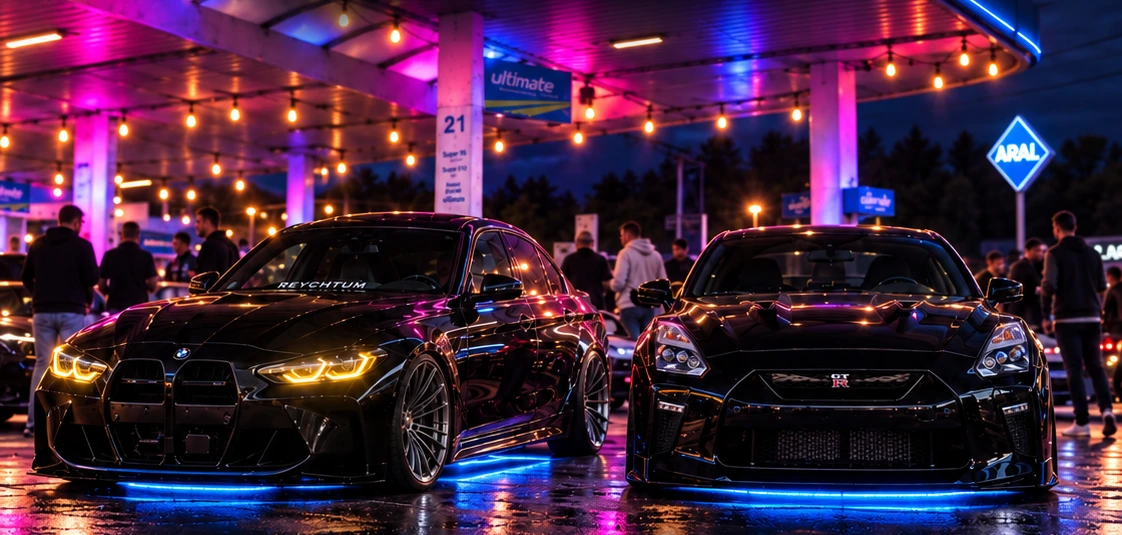 BMW mit Lichtkonzept unter bunten Strahlern